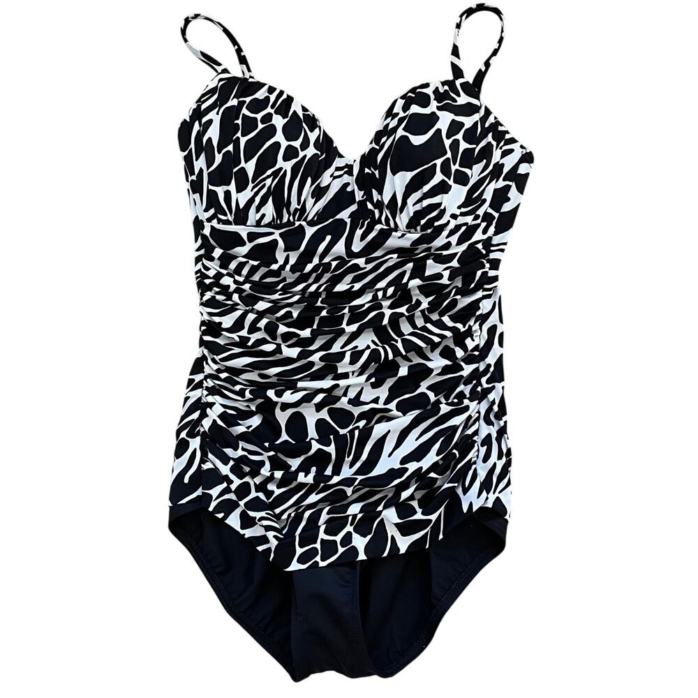 Miraclesuit Rialto One Piece Swimsuit, Black, White, Shirred Tummy Control 10